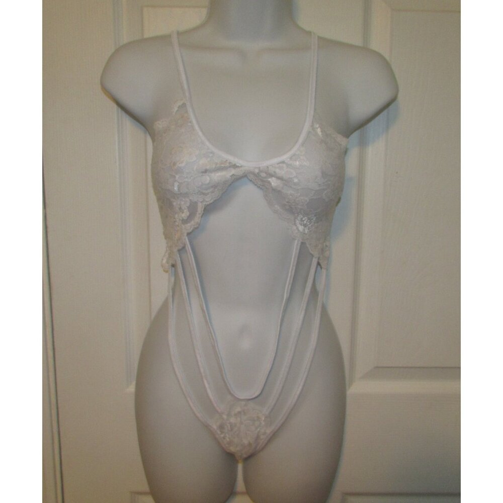White Lace Strappy Thong Teddy - NEW